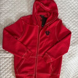 True Religion Men's Bright Red Zip Large Hoodie with Logo NWT